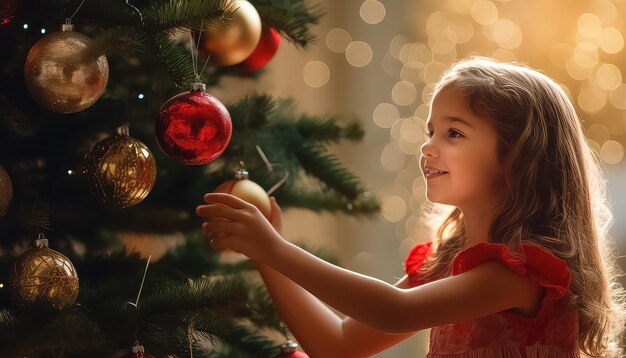 Una ragazza decora un albero di Natale per il nuovo anno o per Natale