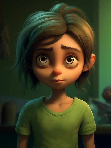 Una ragazza dei cartoni animati con una faccia triste in abiti verdi Ai Generative