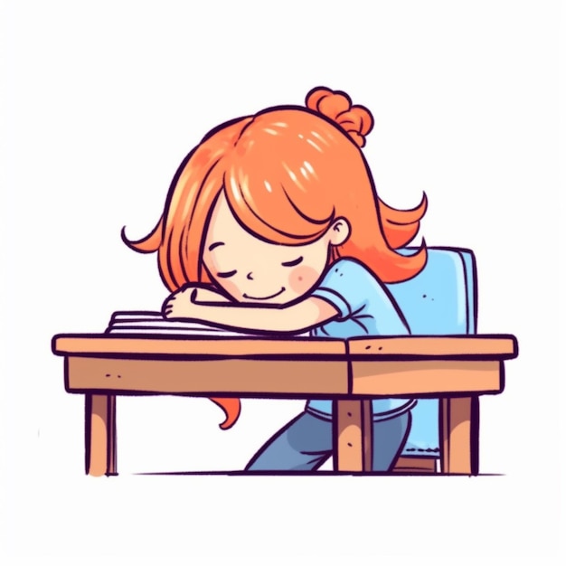 una ragazza dei cartoni animati dorme su una scrivania con un libro di intelligenza artificiale generativa