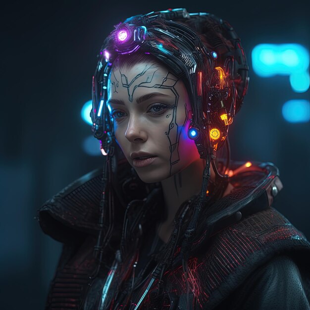 Una ragazza del futuro Luminoso e risonante colorato dal futuro fantasy fantascienza Donna in costume futuristico Gioco di realtà aumentata tecnologia del futuro Concetto di intelligenza artificiale VR