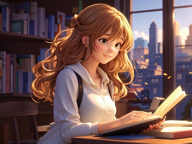 una ragazza di anime 3D che legge un libro in una biblioteca con libri sullo sfondo