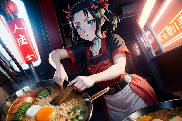 una ragazza di anime che mescola un po' di ramen