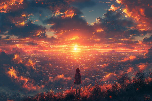 Una ragazza di anime osserva la città mentre il sole tramonta