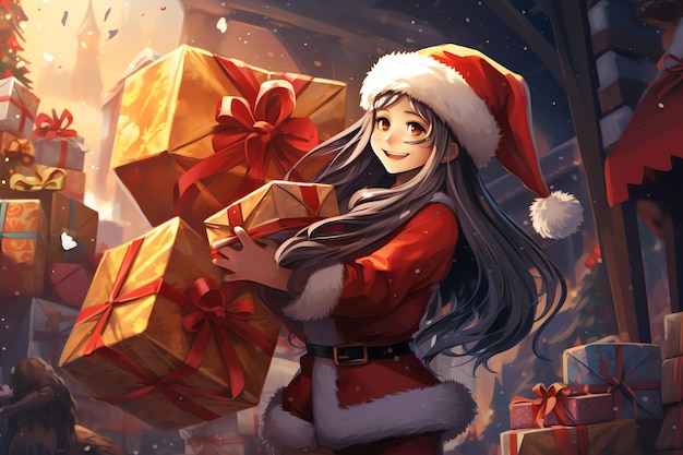 una ragazza di Babbo Natale che tiene in mano un regalo illustrazione in stile anime