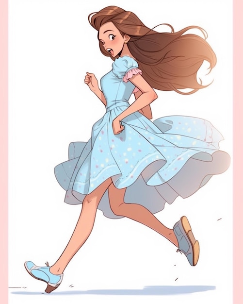 una ragazza di cartone animato in un vestito blu che corre con i capelli che soffiano nel vento ai generativo