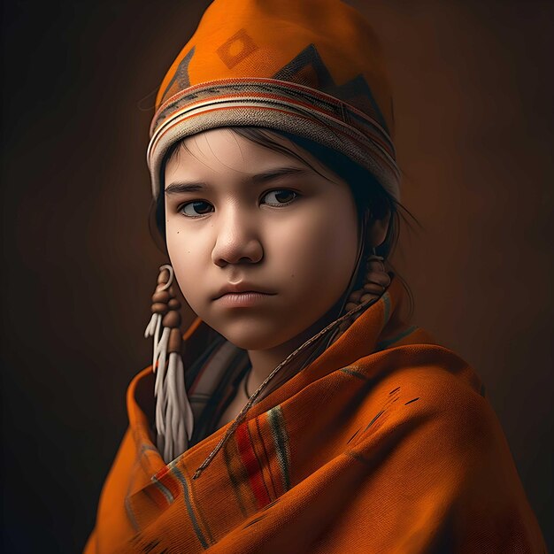 Una ragazza di nativi nordamericani che indossa un cappello arancione e una sciarpa