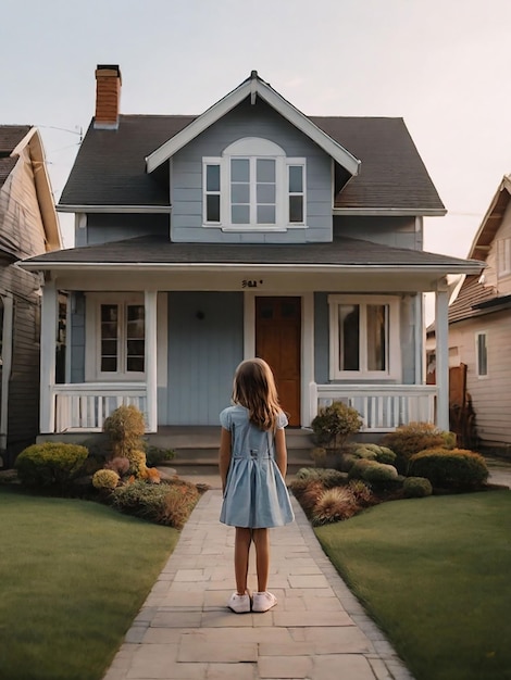 Una ragazza è in piedi di fronte alla casa