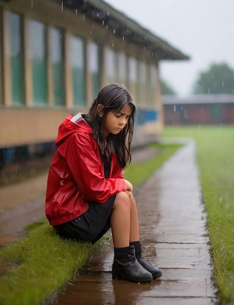 Una ragazza è in piedi in un campo scolastico ora che sta piovendo