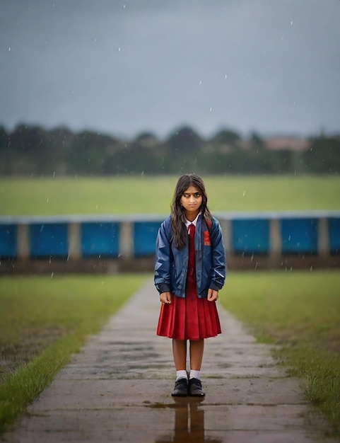 Una ragazza è in piedi in un campo scolastico ora che sta piovendo