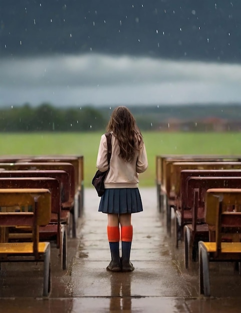 Una ragazza è in piedi in un campo scolastico ora che sta piovendo