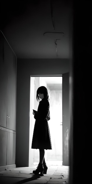 Una ragazza è in piedi in una porta e sta guardando un libro.