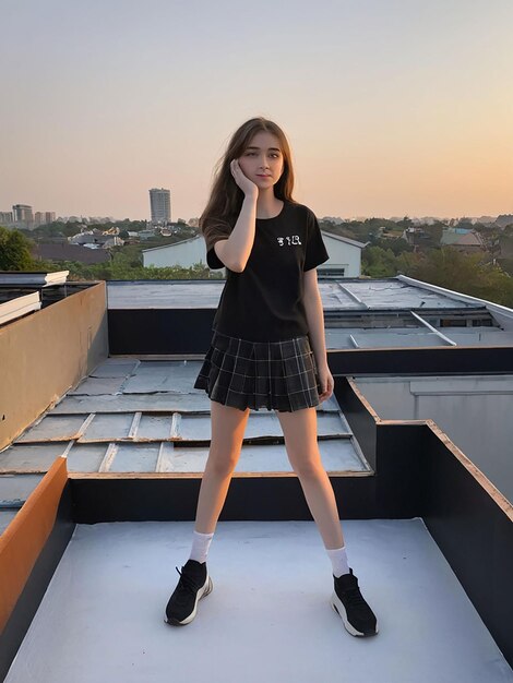 Una ragazza è in piedi sul tetto