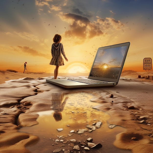 Una ragazza è in piedi sulla sabbia e gioca con un laptop