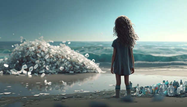 Una ragazza è in piedi sulla spiaggia e guarda la spazzatura IA generativa