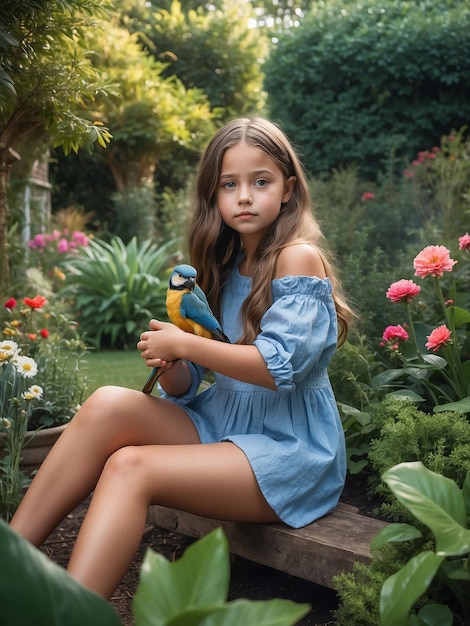 Una ragazza è seduta in giardino con un uccello in mano