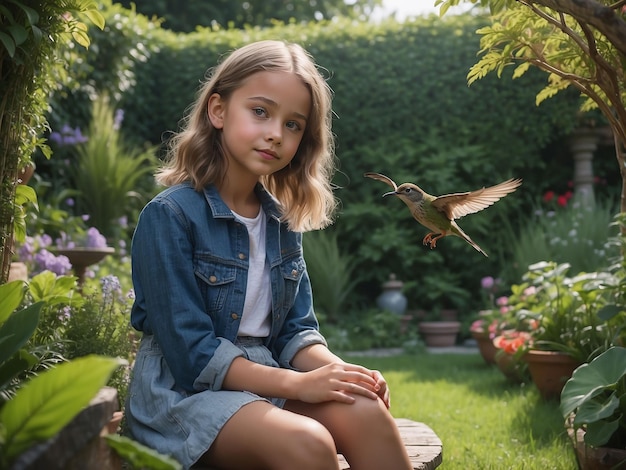 Una ragazza è seduta in giardino con un uccello in mano