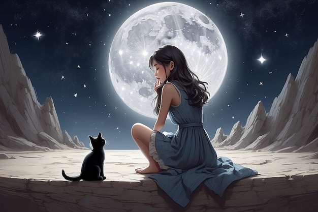 Una ragazza è seduta in mezzo alla luna guardando le stelle e giocando con il suo gatto