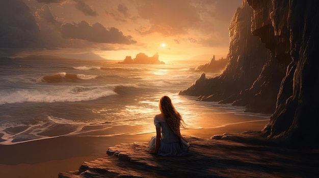 una ragazza è seduta su una spiaggia che guarda il mare nello stile delle fantasie fotorealistiche