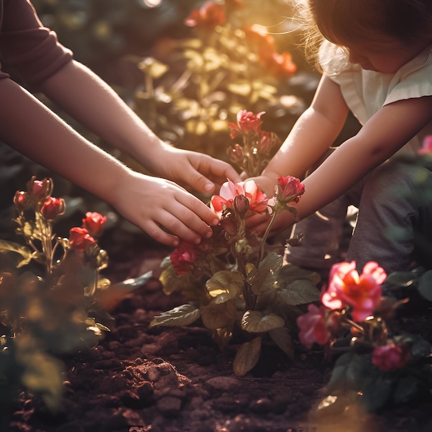 Una ragazza e sua madre stanno piantando fiori nel giardino.