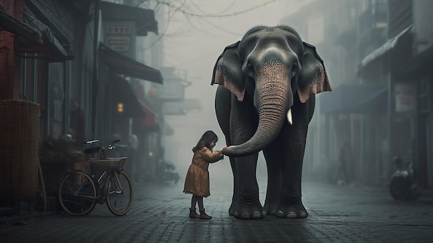 Una ragazza e un elefante su una strada