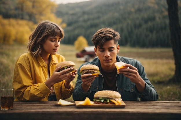 Una ragazza e un ragazzo mangiano un delizioso hamburger accompagnato da un bicchiere di whisky con ghiaccio