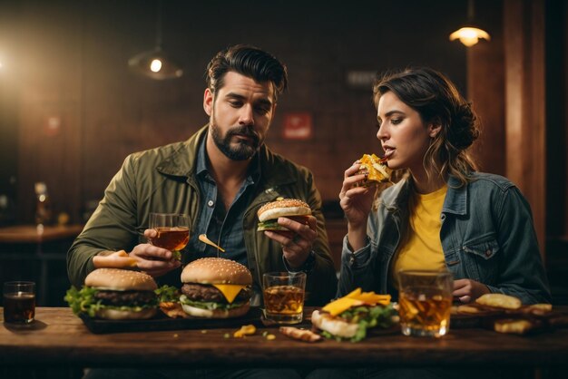 Una ragazza e un ragazzo mangiano un delizioso hamburger accompagnato da un bicchiere di whisky con ghiaccio