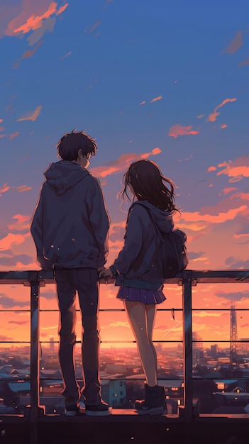 Una ragazza e un ragazzo stanno guardando il tramonto