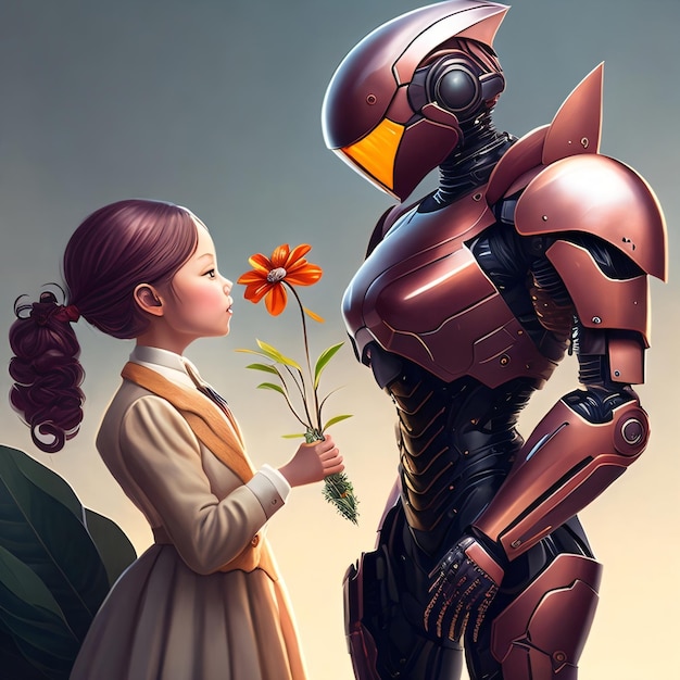 Una ragazza e un robot stanno guardando un fiore
