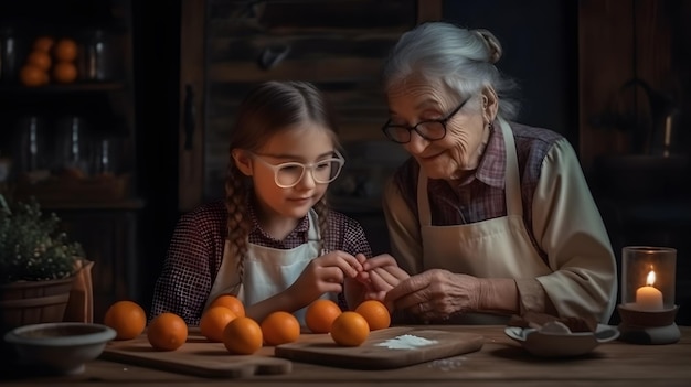 Una ragazza e una donna anziana sono sedute a un tavolo con delle arance.
