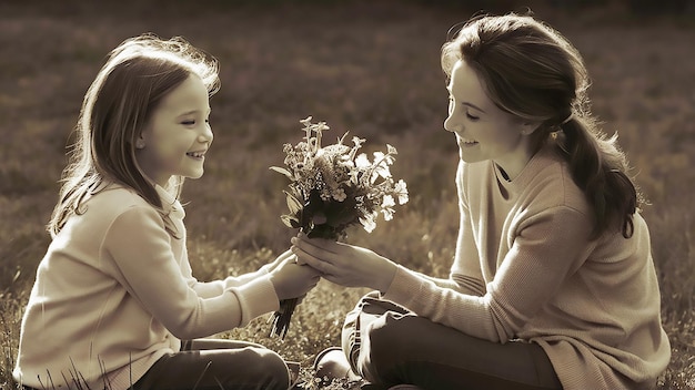 una ragazza e una ragazza stanno tenendo dei fiori nell'erba