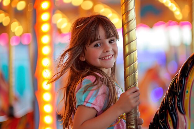 Una ragazza felice che esprime gioia mentre guida un colorato parco divertimenti merrygoround a carosello liberato
