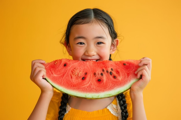 Una ragazza felice che mangia una grande fetta di cocomero in estate