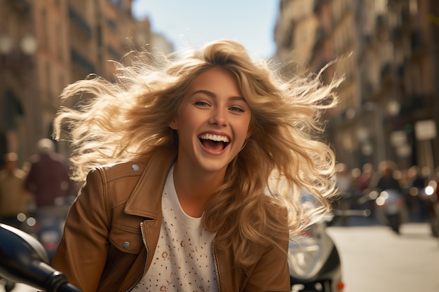 Una ragazza felice che va in bicicletta