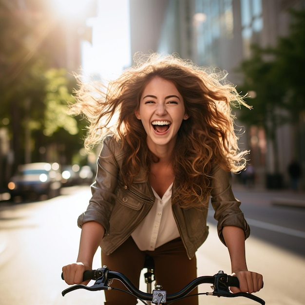 Una ragazza felice che va in bicicletta