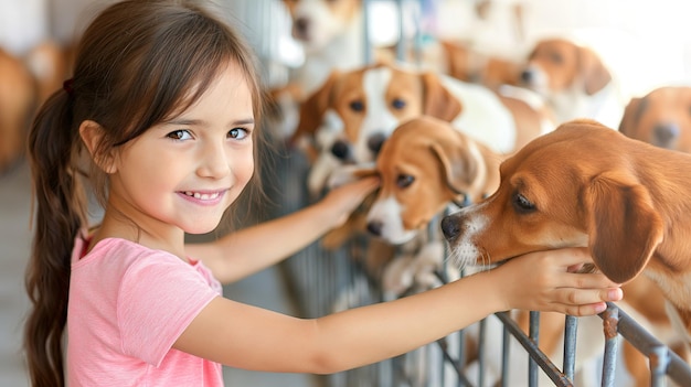 Una ragazza felice di circa 6 anni in un rifugio per cani sceglie un animale domestico per se stessa formato orizzontale