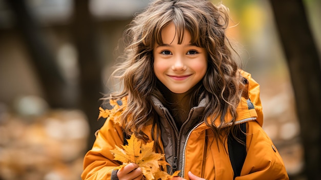 Una ragazza felice e sorridente che fa escursioni in montagna o in foresta in autunno con foglie di acero gialle in mano