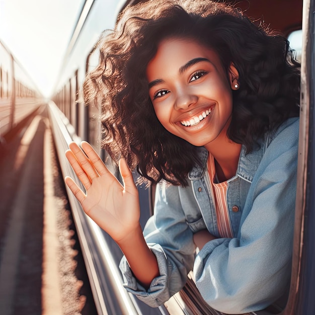 Una ragazza felice guarda fuori dalla finestra di un treno