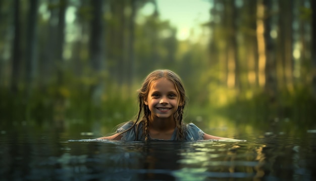 Una ragazza felice in una pozza d'acqua