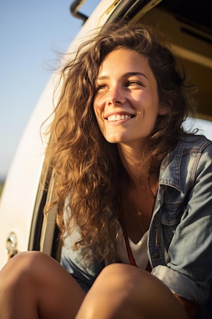 Una ragazza felice si siede nella porta di un camper in una bella giornata di sole AI generativa