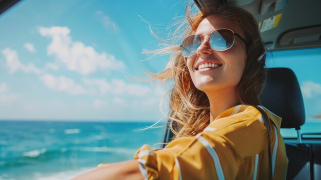 Una ragazza felice va in viaggio d'estate in macchina sentendo la brezza dell'oceano attraverso le punte delle dita