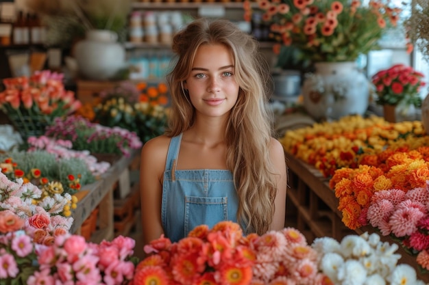 Una ragazza fiorista assembla un bouquet su un tavolo di legno in un negozio di fiori