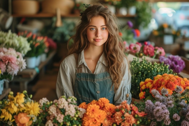 Una ragazza fiorista assembla un bouquet su un tavolo di legno in un negozio di fiori