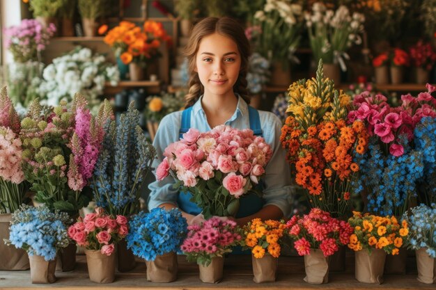 Una ragazza fiorista assembla un bouquet su un tavolo di legno in un negozio di fiori