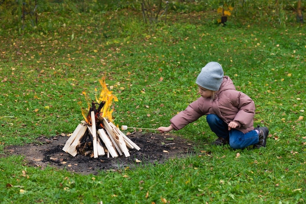 Una ragazza frigge marshmallow su un fuoco Il concetto di un picnic nella natura in autunno