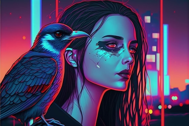 Una ragazza futuristica e un uccello stabiliscono un contatto visivo in un'ambientazione notturna della città Concetto di fantasia Pittura illustrativa IA generativa