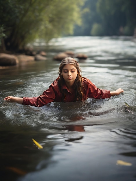 Una ragazza galleggia nel fiume.