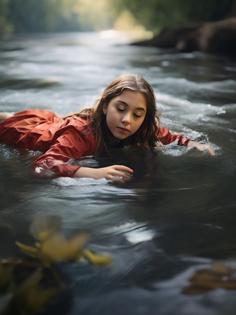 Una ragazza galleggia nel fiume.