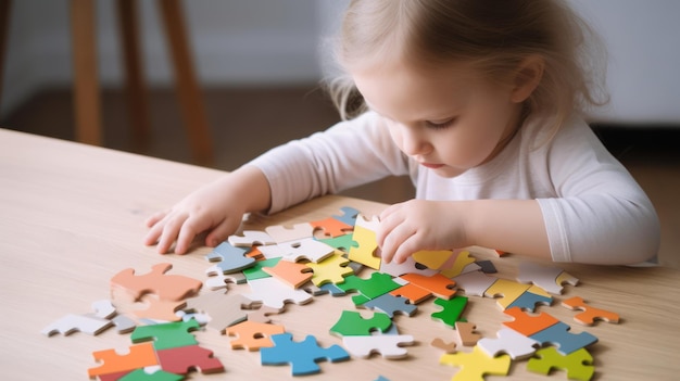 Una ragazza gioca con un puzzle su un tavolo.