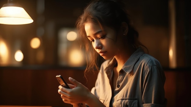 Una ragazza guarda il suo telefono mentre usa uno smartphone.