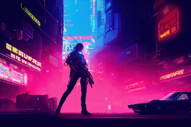 Una ragazza guarda un'illustrazione futuristica della città cyberpunk